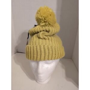 NWT Adrienne Landau Yellow Cable Knit Fold over Cap With Pom Retails $120